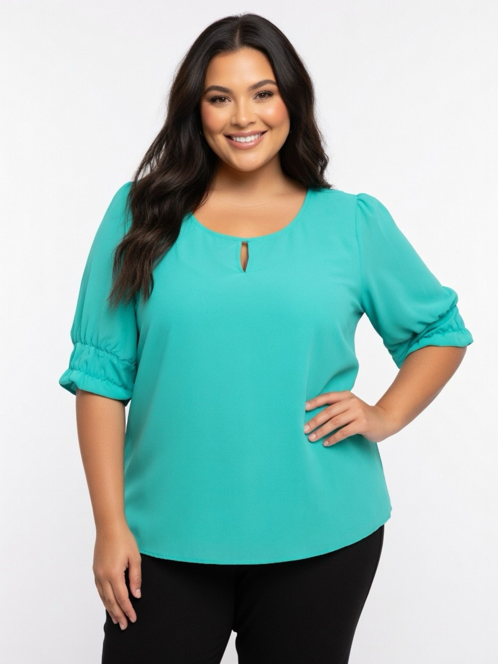 Torrid Teal Keyhole Neck Ruched Sleeve Blouse 2/2X